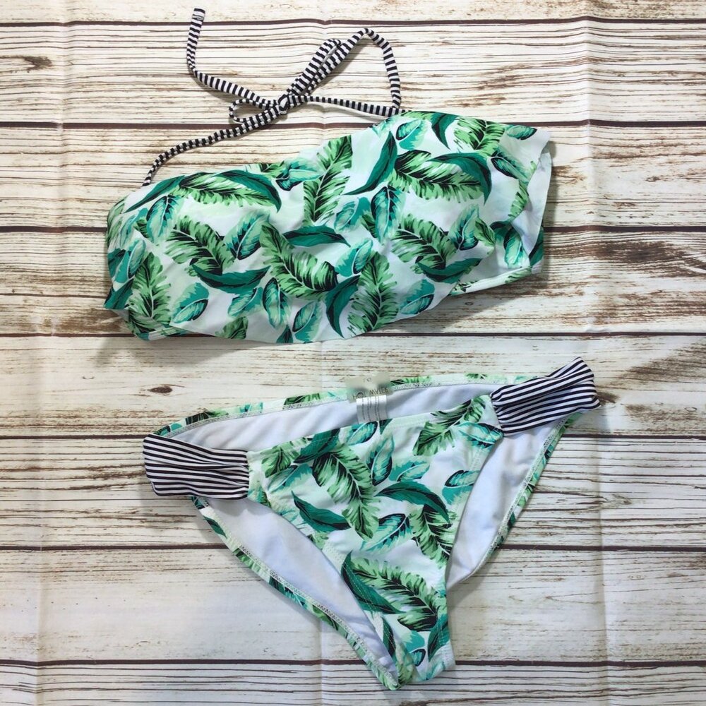Hot Water Green Plant Print Bandeau Top Bikini 2 Piece Swim Suit